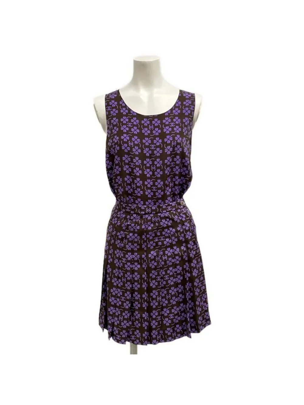 Chanel Skirt Suit Dark Brown Purple Clover CC Logo Pleats Set Wool